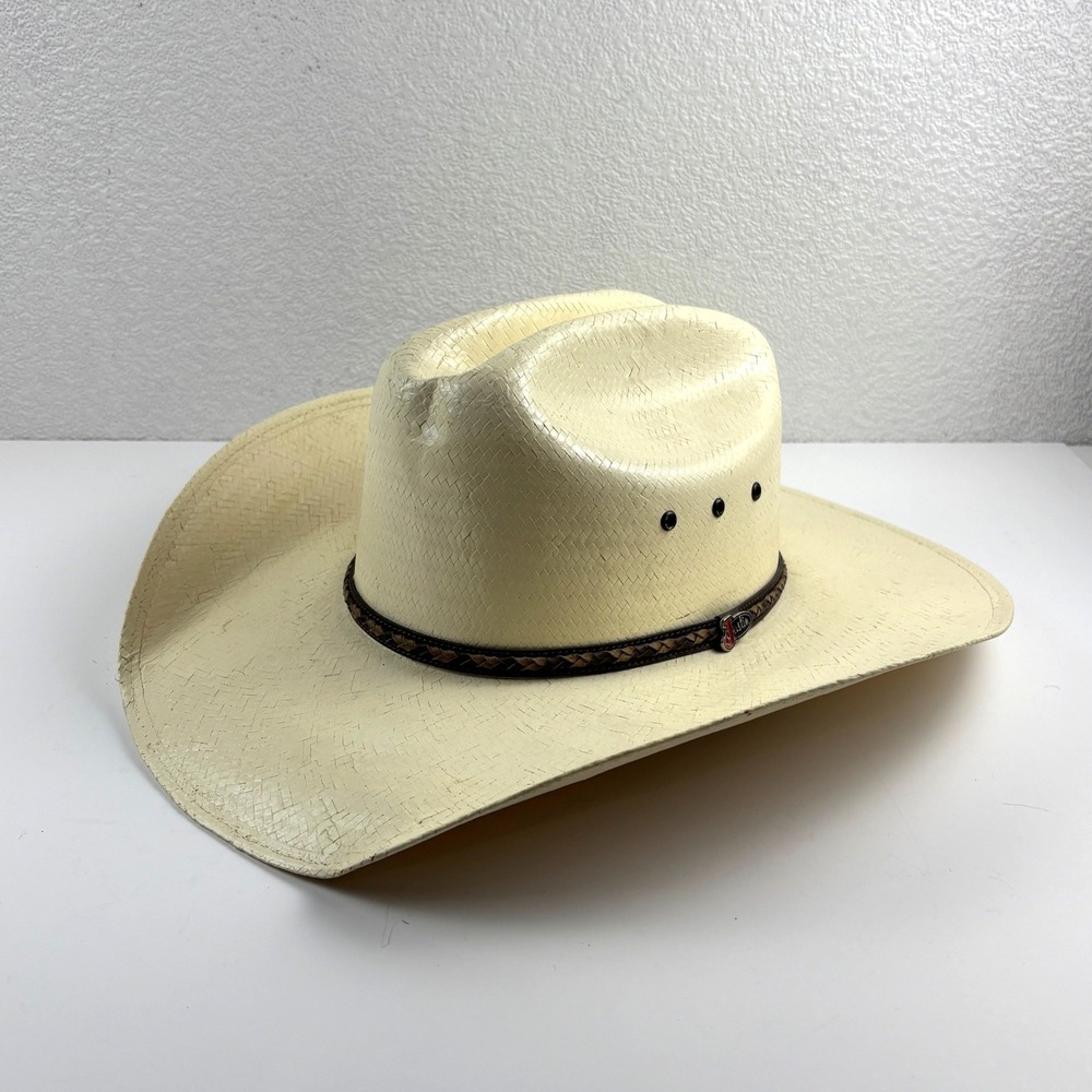 Justin Cowboy Hat Mens 10X Cream Braided Leather Band Cattleman Crease Straw